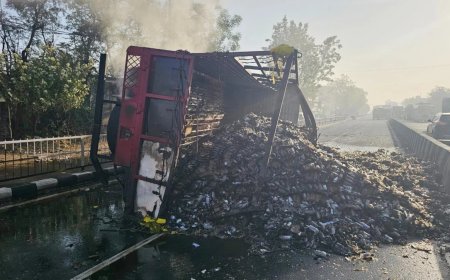 Sehore: भोपाल-इंदौर हाईवे पर शराब से भरा ट्रक पलटने के बाद आग का गोला बना, ड्राइवर की दर्दनाक मौत