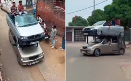 सोशल मीडिया पर छाई अजीबो-गरीब कार, एक गाड़ी के ऊपर दूसरी गाड़ी लगाकर बनाया डबल डेकर लुक