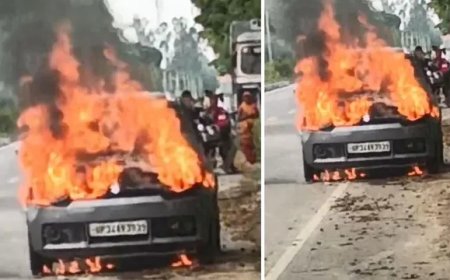 लखीमपुर खीरी में चलती कार बनी आग का गोला, हाईवे पर मची अफरातफरी