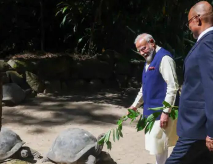 सेशेल्स पहुंचे PM मोदी, राष्ट्रपति पैट्रिक हर्मिनी संग एल्डाब्रा कछुओं को खिलाईं पत्तियां; 50वें राष्ट्रीय दिवस समारोह में होंगे मुख्य अतिथि