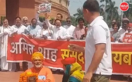 संसद में राम मंदिर चढ़ावा विवाद को लेकर विपक्ष का प्रदर्शन, पप्पू यादव पुजारी के वेश में पहुंचे; राहुल गांधी ने दानपेटी में डाला चंदा