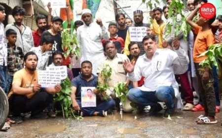 भोपाल में कांग्रेस का अनोखा प्रदर्शन, गड्ढों में लगाए ‘बेशर्म’ के पौधे; महापौर की फोटो लेकर जताया विरोध