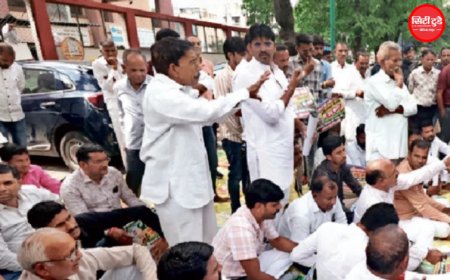 अहिल्या पथ पर किसानों का विरोध: 8 गांवों की 1400 हेक्टेयर जमीन दो साल से प्रभावित, आईडीए के बाहर धरना