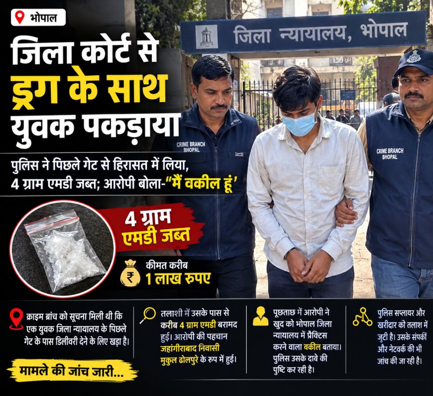 भोपाल जिला कोर्ट से ड्रग के साथ युवक पकड़ाया:पुलिस ने पिछले गेट से हिरासत में लिया, 4 ग्राम एमडी जब्त; आरोपी बोला-मैं वकील हूं