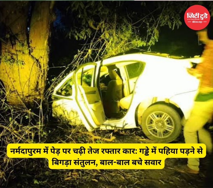 नर्मदापुरम में पेड़ पर चढ़ी तेज रफ्तार कार: गड्ढे में पहिया पड़ने से बिगड़ा संतुलन, बाल-बाल बचे सवार