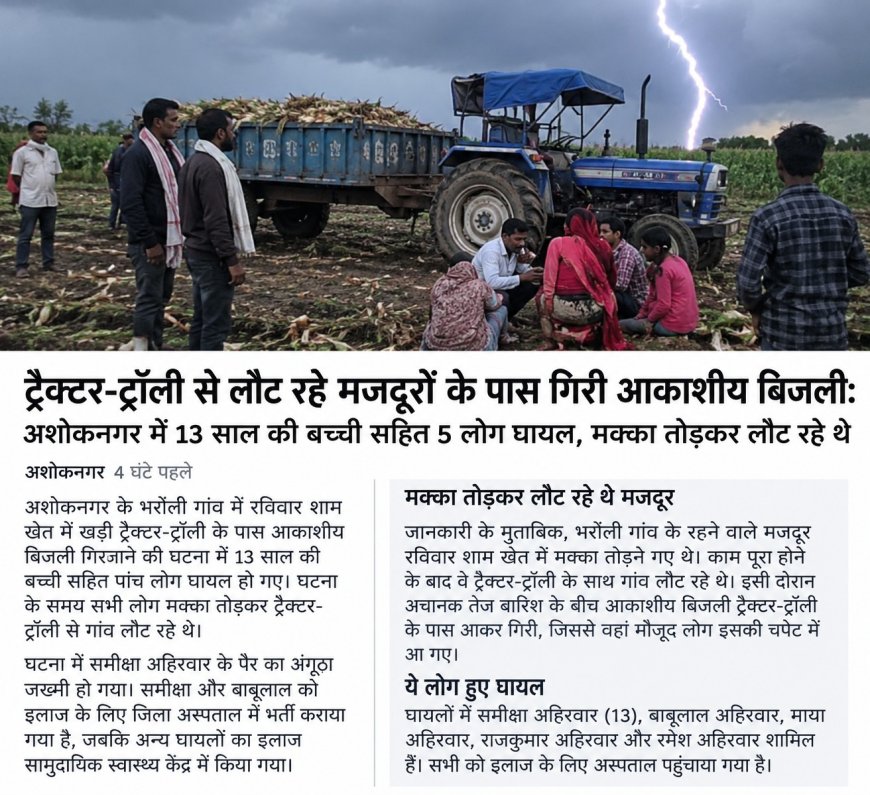 अशोकनगर में खेत से लौट रहे मजदूरों पर गिरी बिजली: 13 साल की बच्ची समेत 5 घायल, मक्का तोड़कर ट्रैक्टर-ट्रॉली से जा रहे थे घर